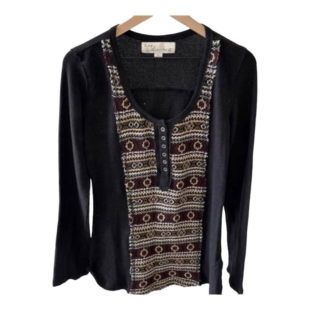 Vintage Savana Top Print Button Up Long Sleeve Knit‎ Black Size L